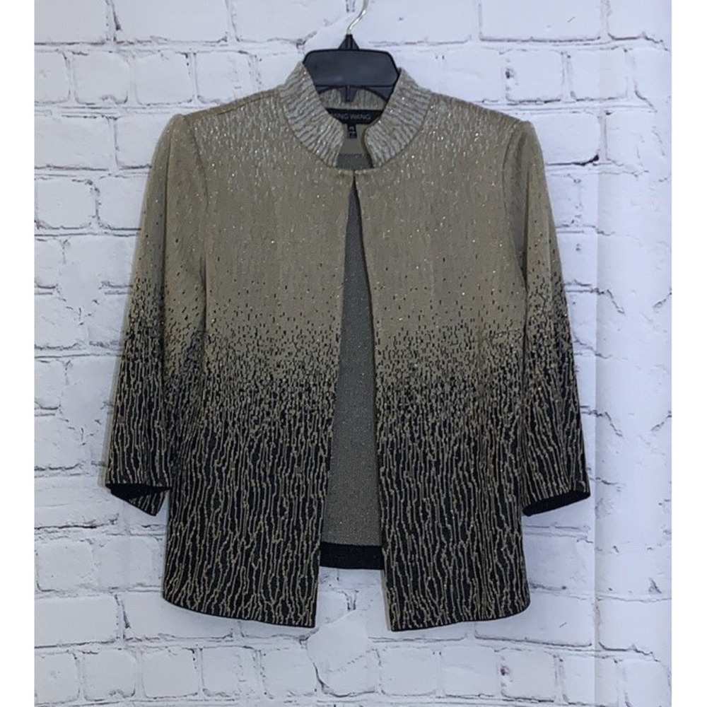 Ming Wang Sweater Womens Petite Small Black Gold Metallic Stand Collar Cardigan